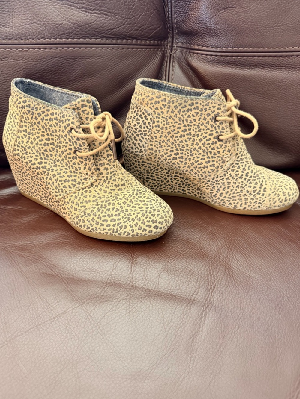 Toms leopard Wedge Booties in Tan and Black